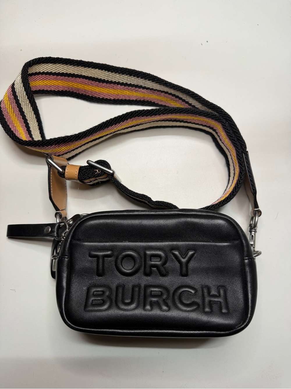 Tory Burch Black Quilted Logo Crossbody with Striped Webbing Strap